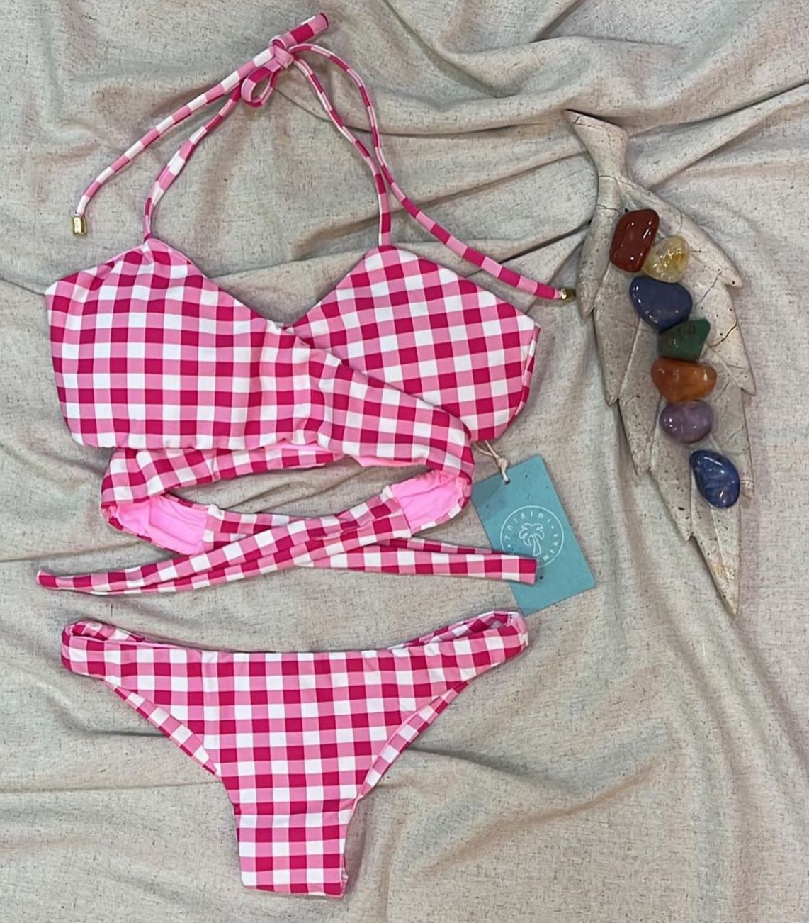 pink checkered bikini with cropped top