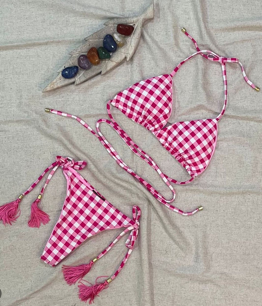 pink checkered bikini with triangle top and bow button