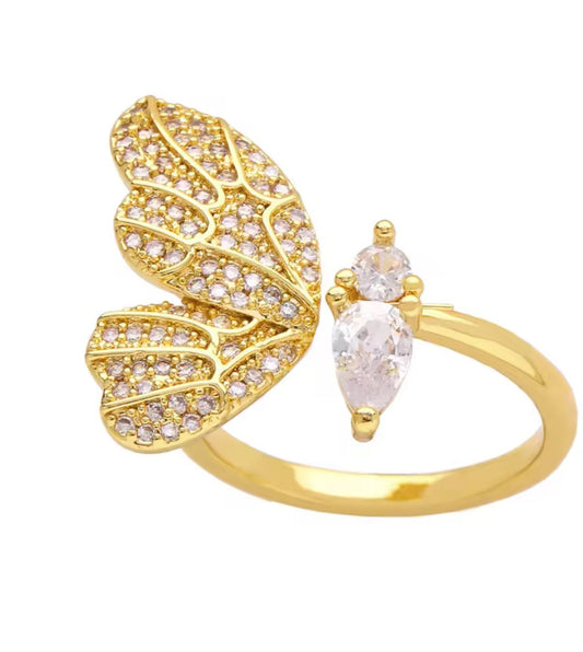 Copper Gold Plated Butterfly Ring for Women Girls Pave CZ Stone  Open Clasp Ring Fashion Jewelry