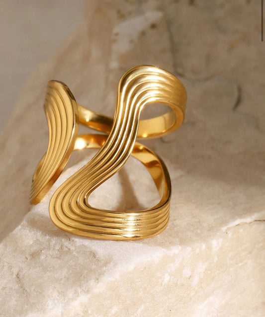 Wave Design Gold Color Metal Statement Ring