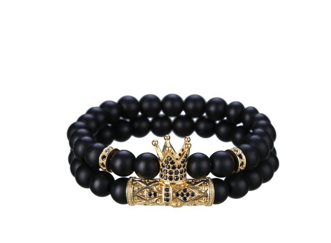 KAMRESH Black Onyx Stone Bracelets with King Crown Charm Set