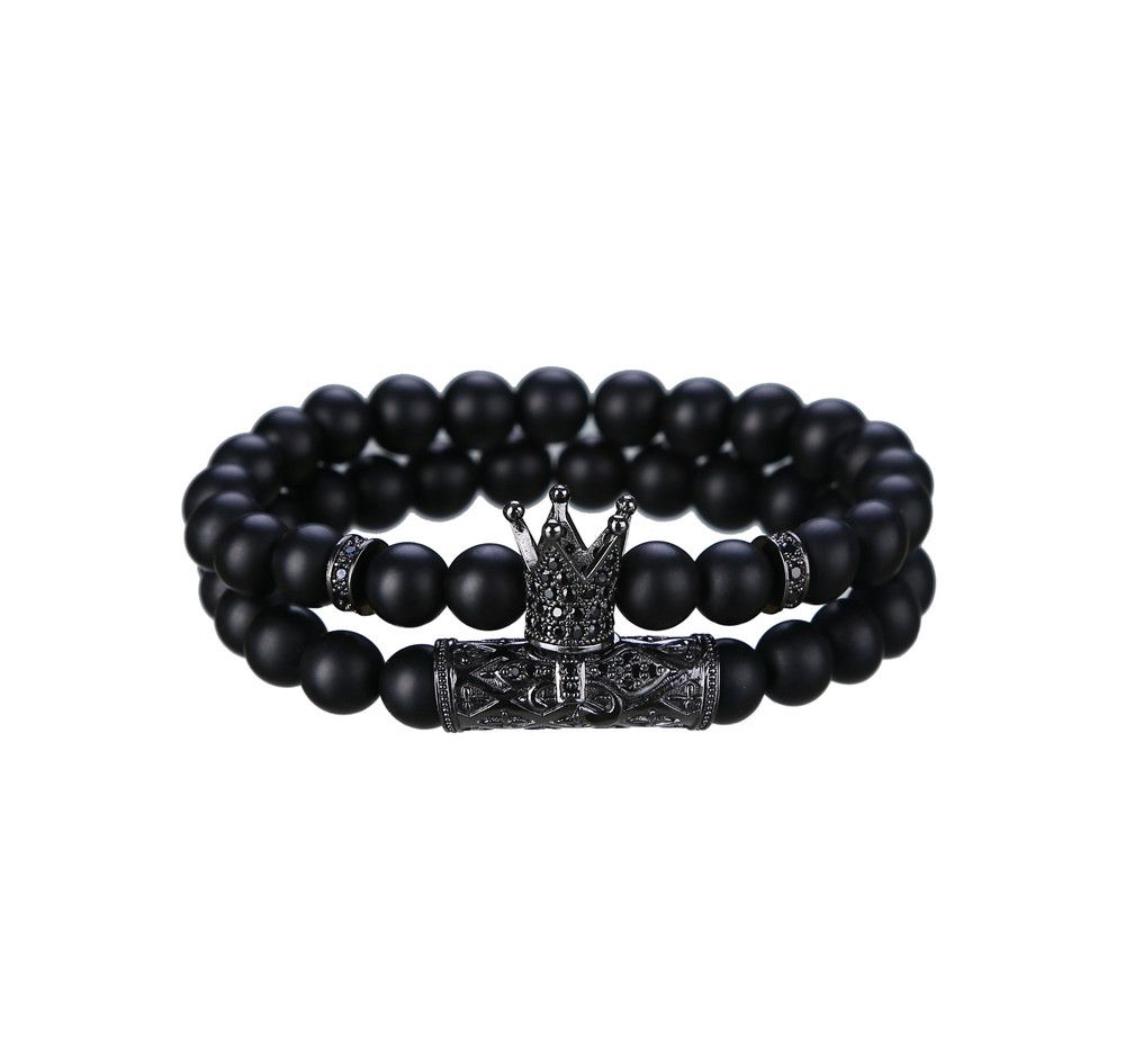 KAMRESH Black Onyx Stone Bracelets with King Crown Charm Set