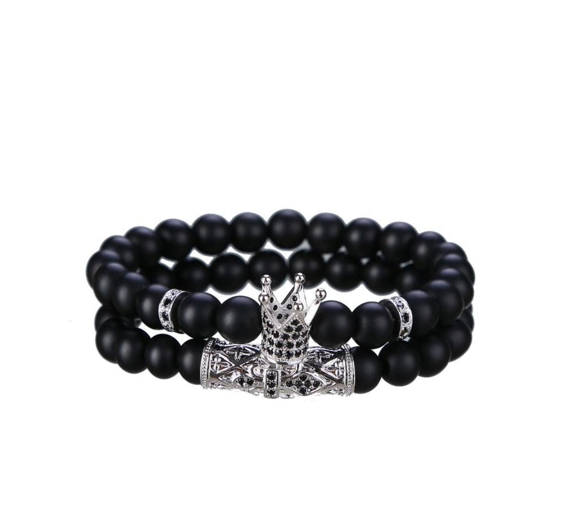 KAMRESH Black Onyx Stone Bracelets with King Crown Charm Set