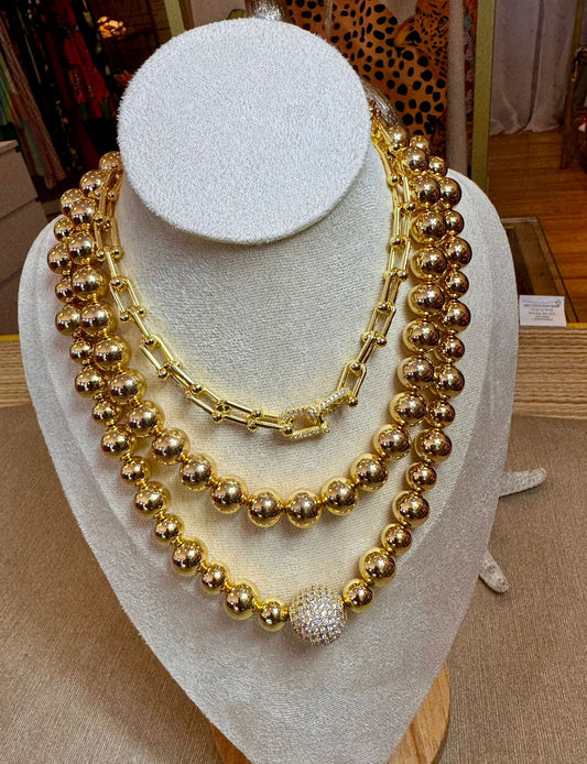 4mm Gold Beaded Necklace with Jeweled Disco Ball