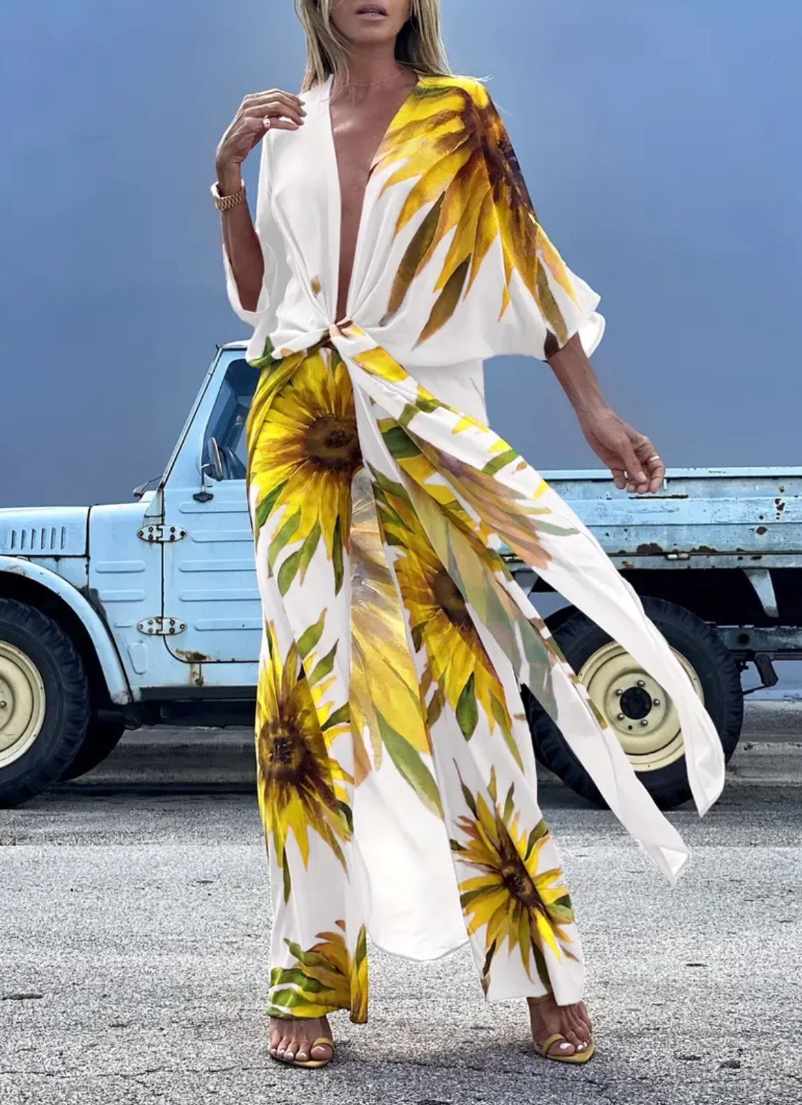 Parrot Print V Neck Semi-Sheer Cover Up & Pants