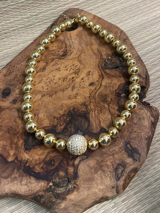 4mm Gold Necklace with 18KT Gold filled Jeweled Disco Ball