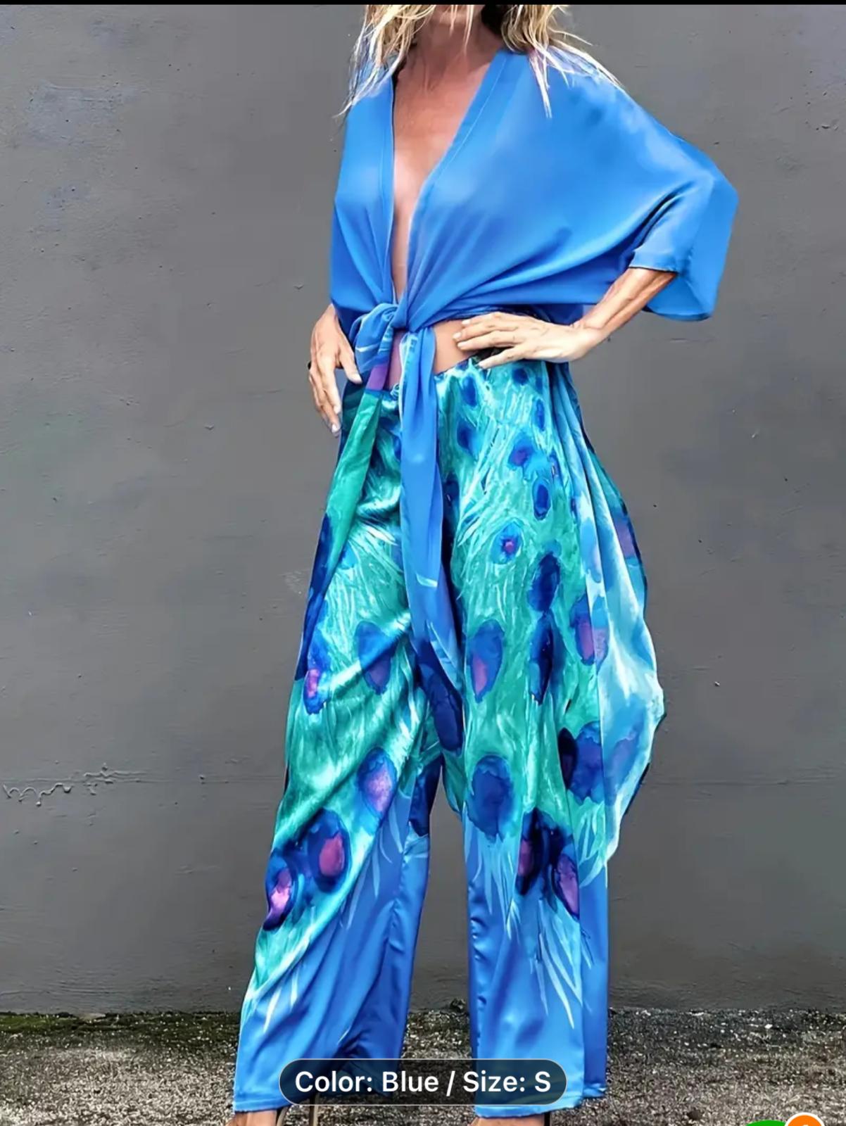 Parrot Print V Neck Semi-Sheer Cover Up & Pants