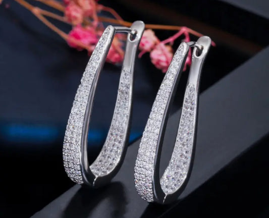 ThreeGraces Trendy Shiny White Cubic Zirconia Geometric Hoop Earrings for Women Nigerian Fashion Daily Party Jewelry