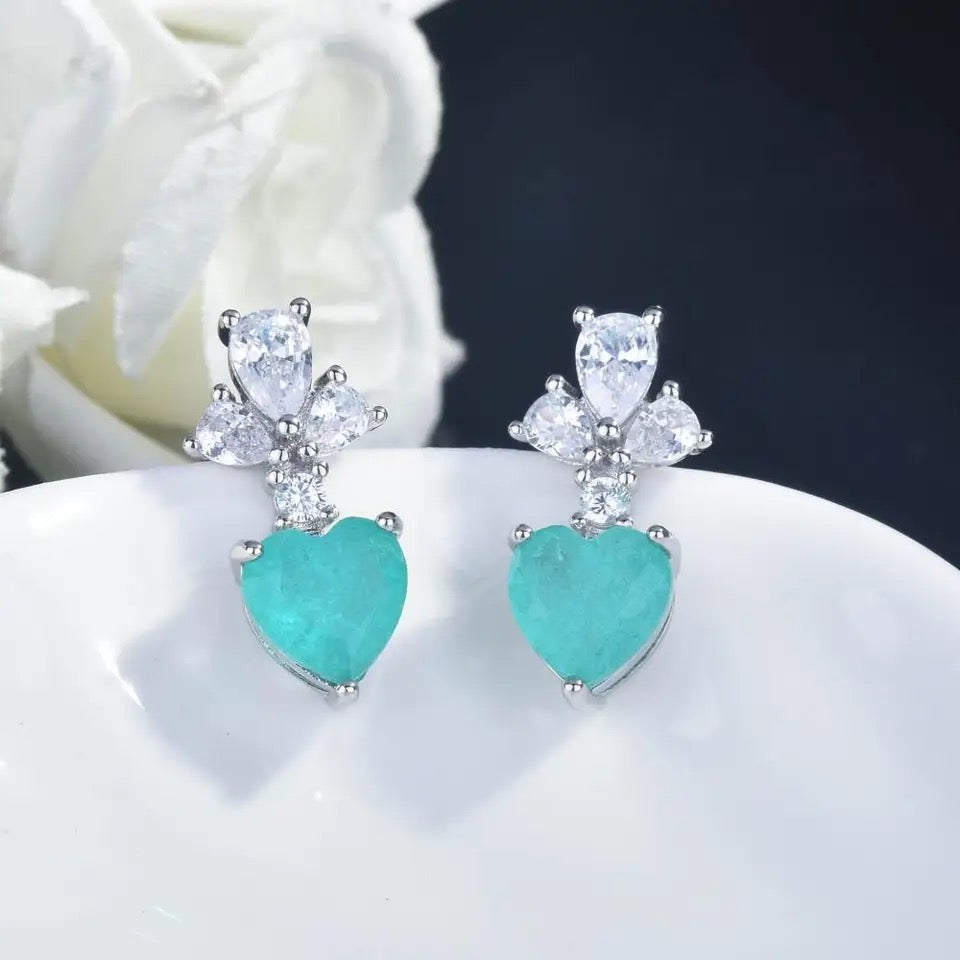 Cute Brazilian Paraiba Tourmaline Jewelry Set Necklace Clavicle Stud Earring  Silver Color Banquet Jewelry