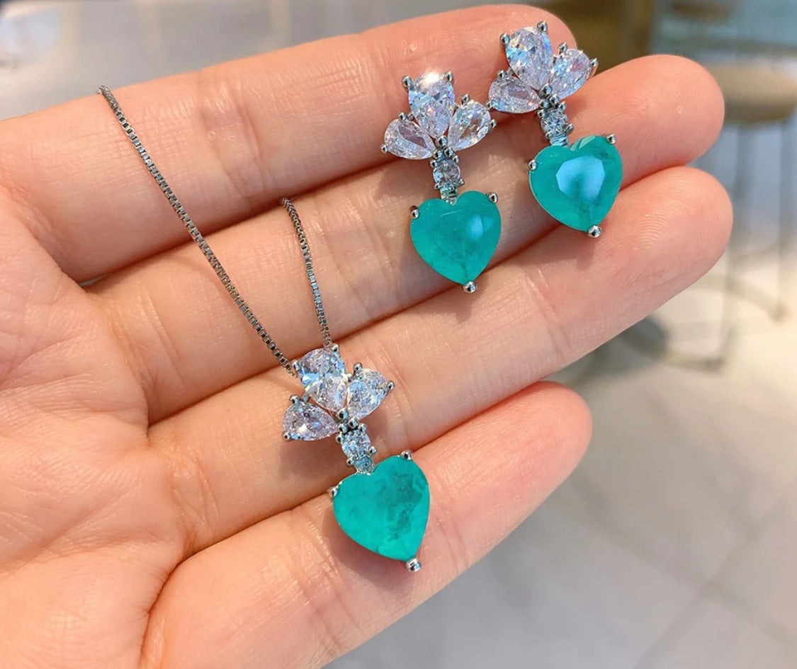 Cute Brazilian Paraiba Tourmaline Jewelry Set Necklace Clavicle Stud Earring  Silver Color Banquet Jewelry