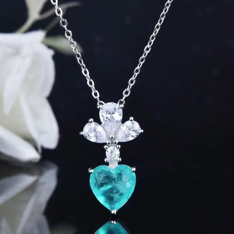 Cute Brazilian Paraiba Tourmaline Jewelry Set Necklace Clavicle Stud Earring  Silver Color Banquet Jewelry