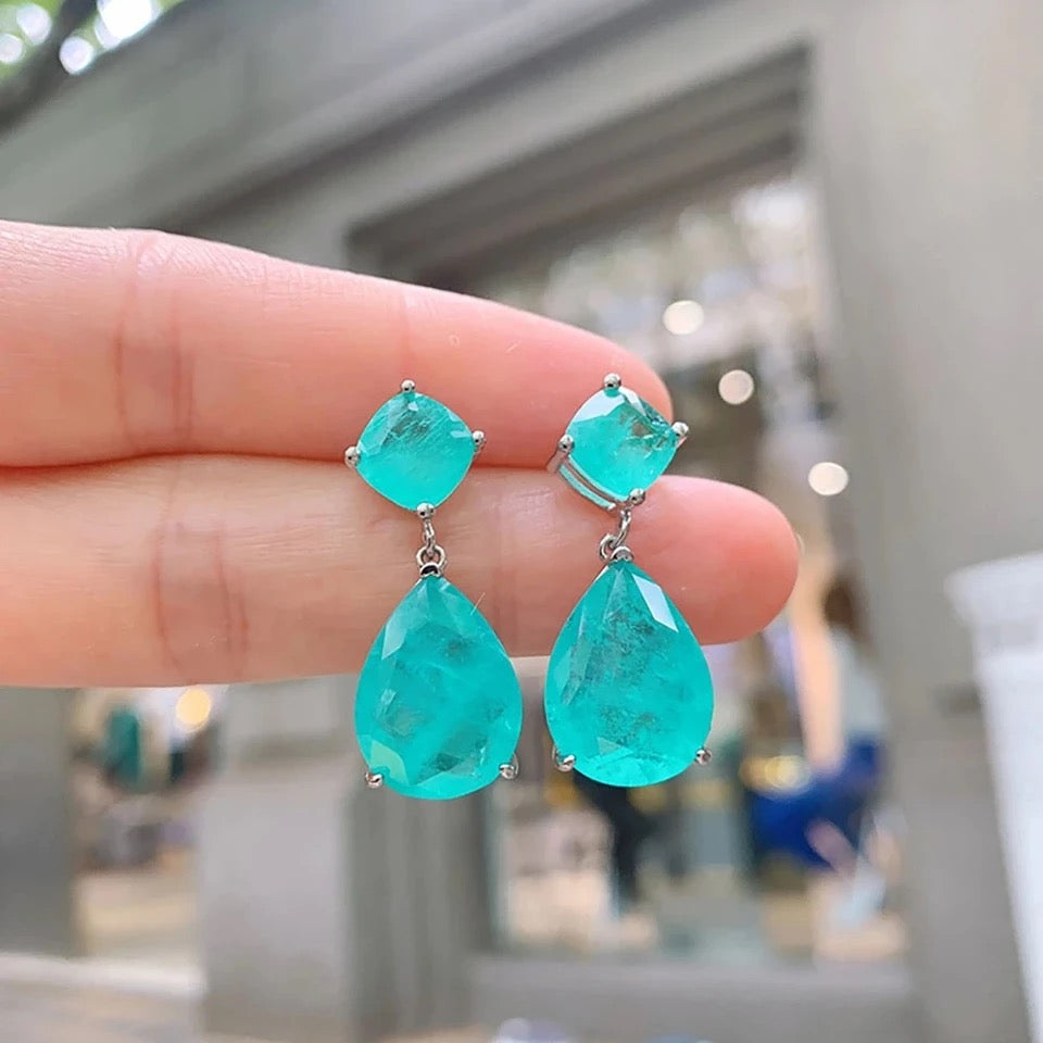 Trend Jewelry Silver Color Emerald Wedding Earrings for Women Simulation Paraiba Tourmaline