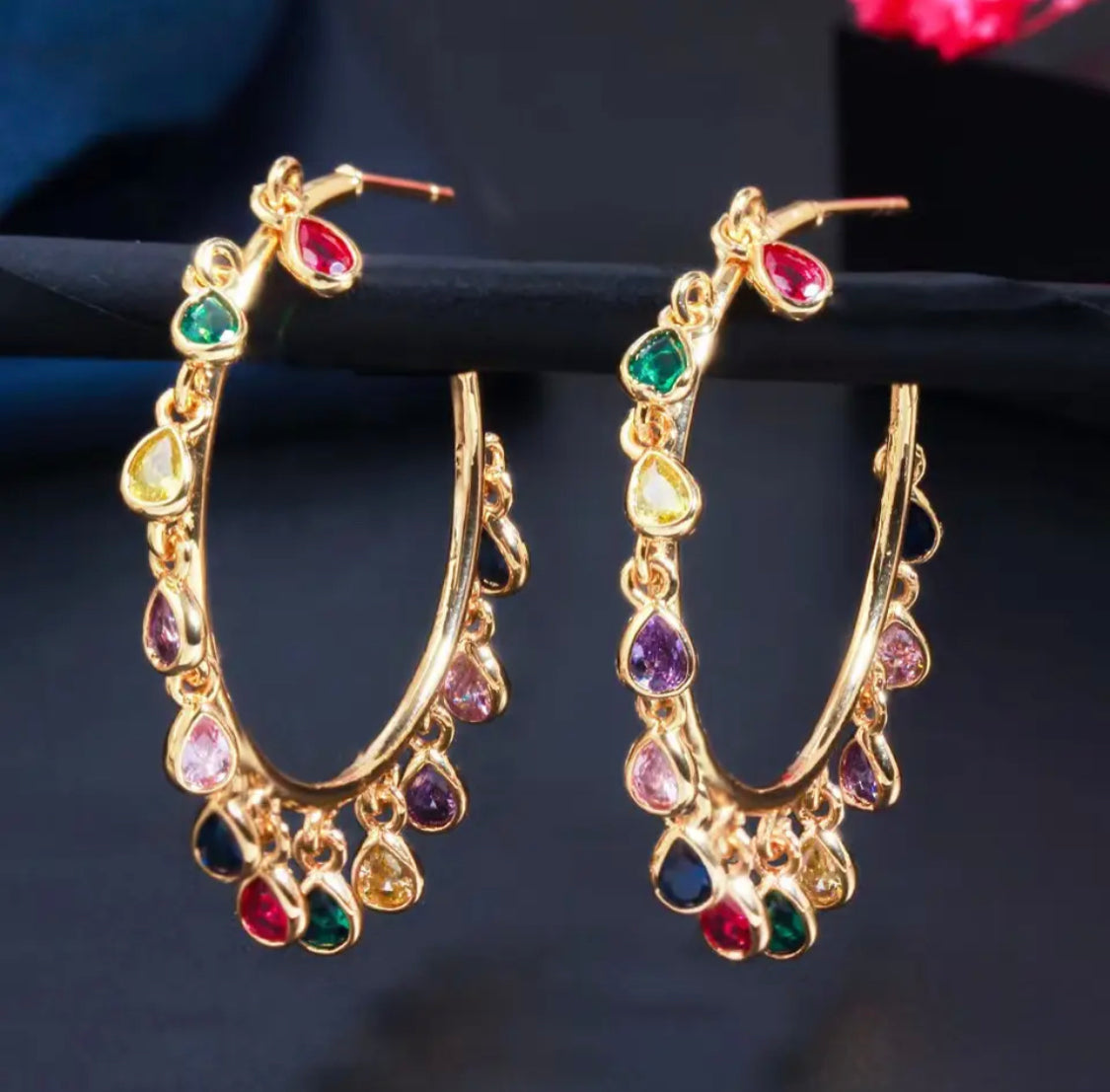 Zircons Chic Gold Color Rainbow CZ Big Circle Round Dangle Tassel Drop Charms Hoop Earrings for Women  Boho Jewelry