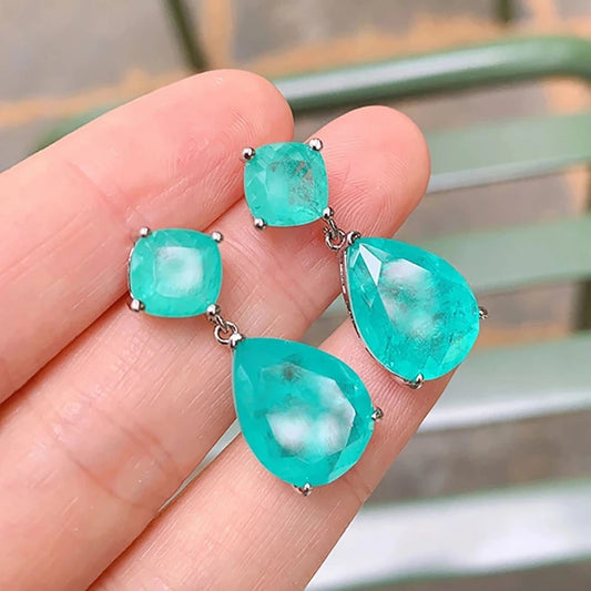 Trend Jewelry Silver Color Emerald Wedding Earrings for Women Simulation Paraiba Tourmaline