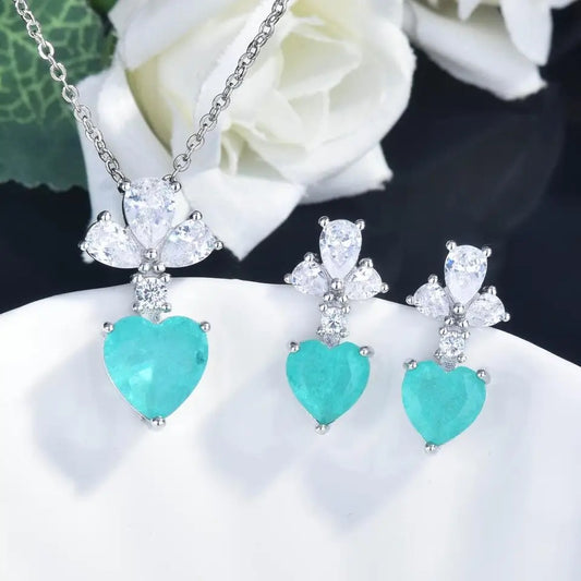 Cute Brazilian Paraiba Tourmaline Jewelry Set Necklace Clavicle Stud Earring  Silver Color Banquet Jewelry