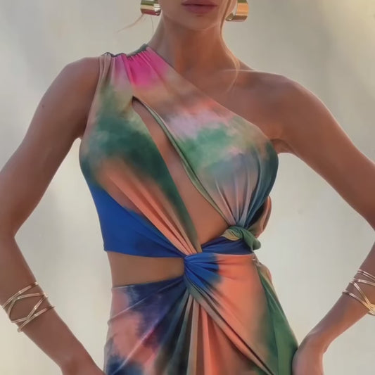 Rainbow Tie-Dye One-Shoulder Maxi Dress