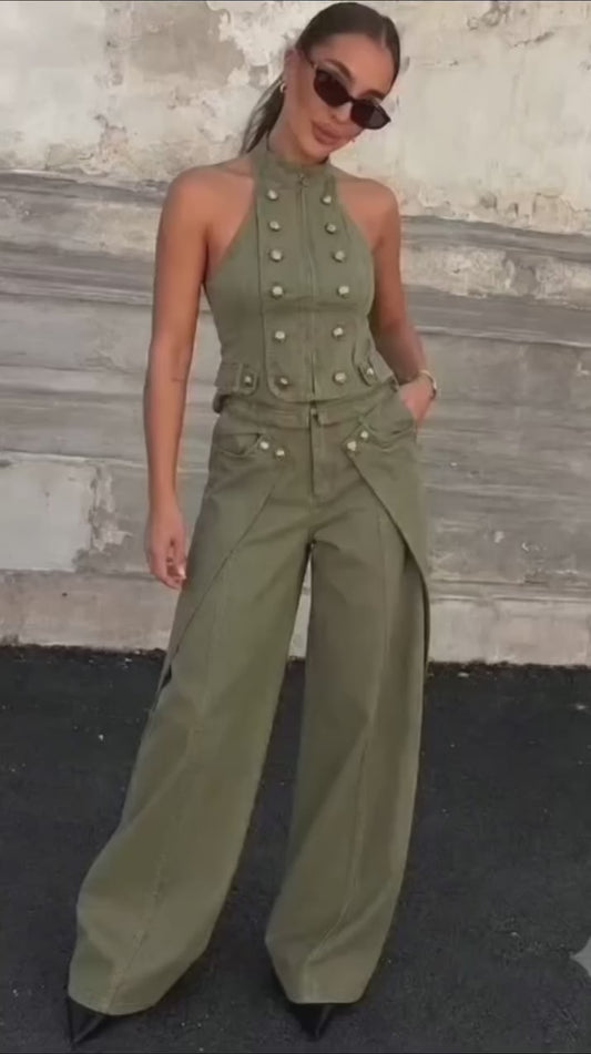 Olive Button-Detail Two-Piece Set