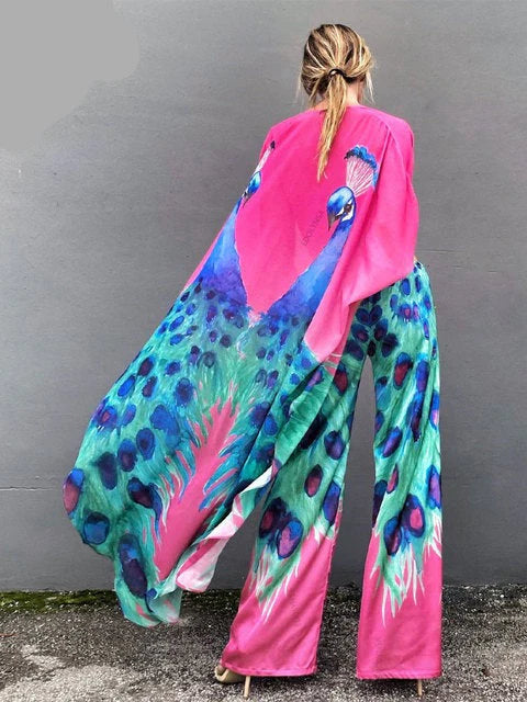 Parrot Print V Neck Semi-Sheer Cover Up & Pants