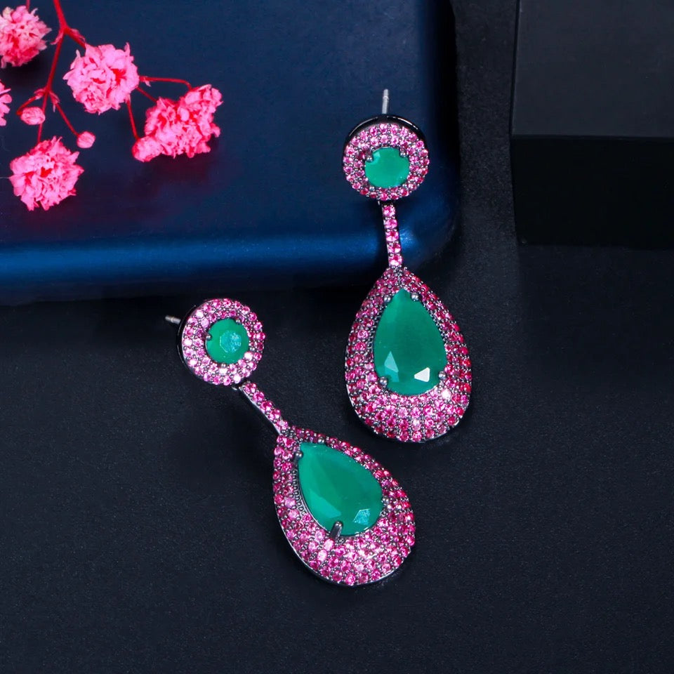 CWWZircons Elegant Micro Pave Hot Pink Cubic Zirconia Green Dangle Water Drop Engagement Party Earrings for Women Jewelry