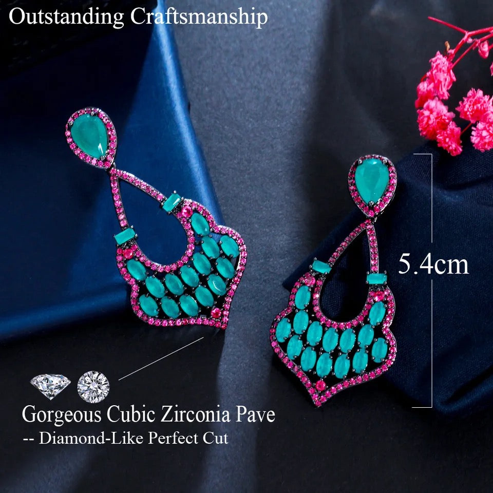 Fancy Fuchsia Red Green CZ Crystal Long Statement Vintage Ethnic Wedding Bridal Party Earrings Jewelry Gift