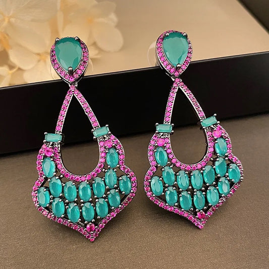 Fancy Fuchsia Red Green CZ Crystal Long Statement Vintage Ethnic Wedding Bridal Party Earrings Jewelry Gift