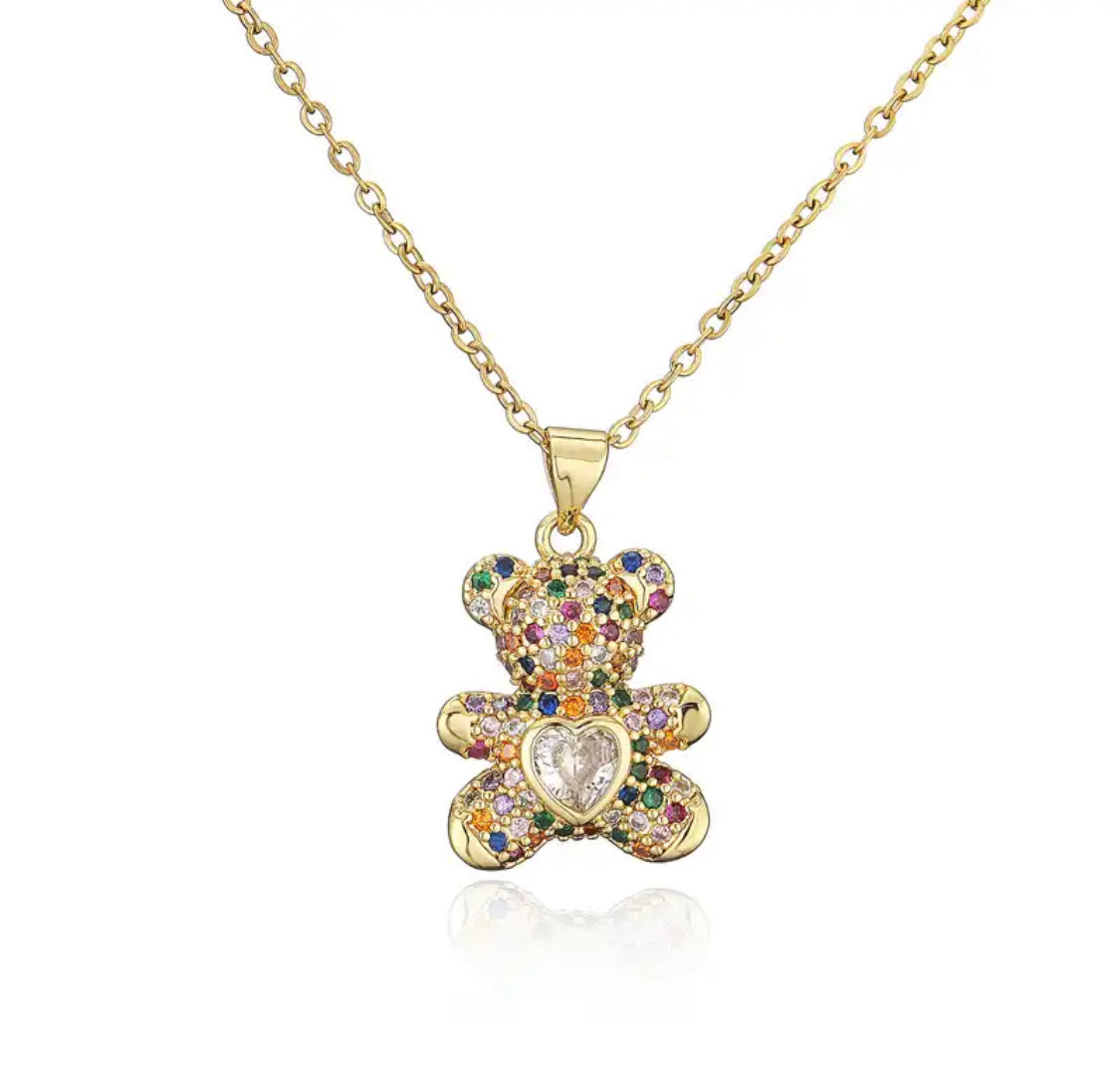 Heart Crystal Teddy Bear Necklace