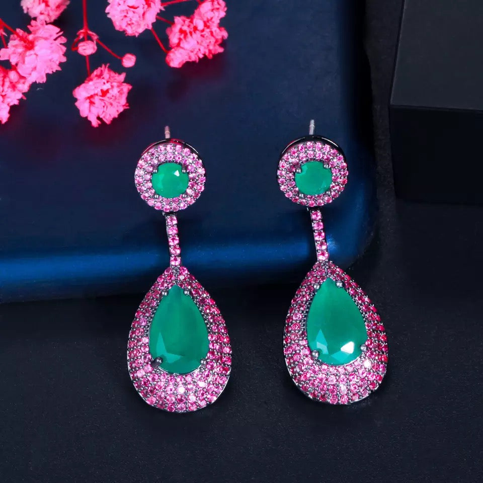 CWWZircons Elegant Micro Pave Hot Pink Cubic Zirconia Green Dangle Water Drop Engagement Party Earrings for Women Jewelry