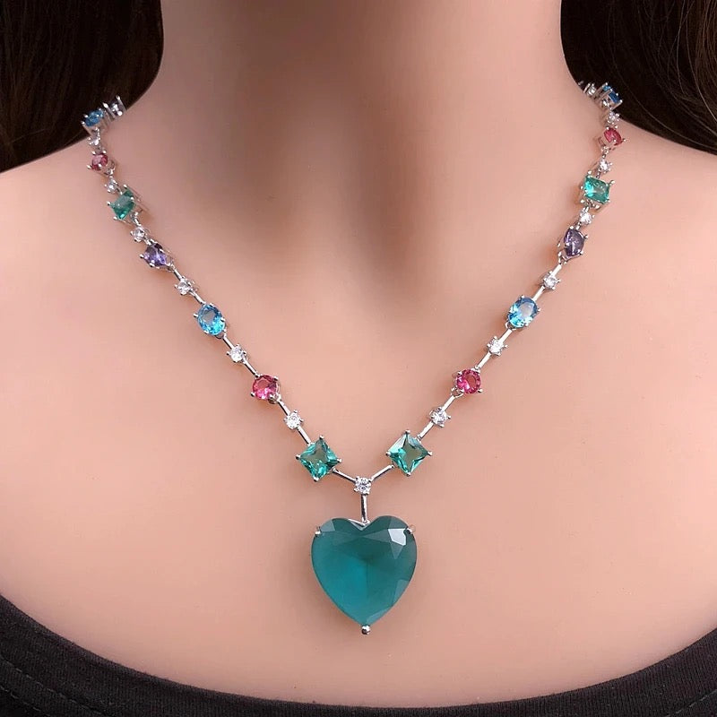 Multicolor Cubic Zircon TURMALIN  Dangle Drop  Heart Charm  Necklace