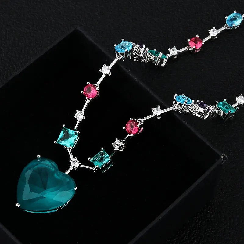 Multicolor Cubic Zircon TURMALIN  Dangle Drop  Heart Charm  Necklace